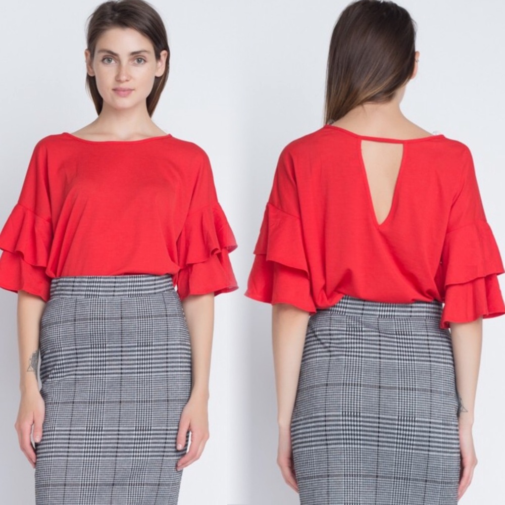 Red ruffle sleeve blouse - Picture 4 of 5